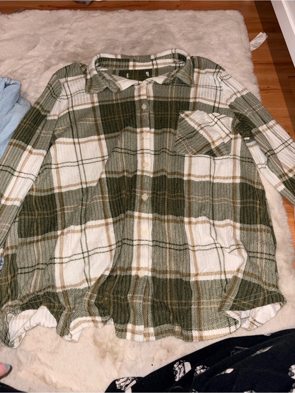 Olive Green & Cream Plaid Button-Up Shirt